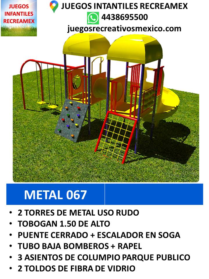 modulo de metal con resbaladillas, puente cerrado, rapelito, columpios